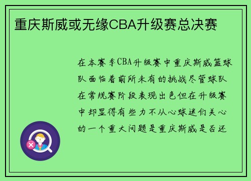 重庆斯威或无缘CBA升级赛总决赛